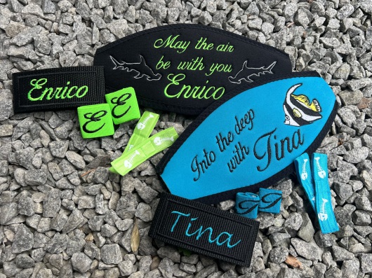 EQUIPMENT MARKER, Wind-Beutel, individuelle Maskenbänder, Maskenband mit Logo, Maskenband mit Namen, Geschenke für Taucher